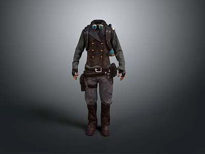 Steampunk Workwear Costume Design with Buttoned Coat Belt and Backpack Gear 3d model