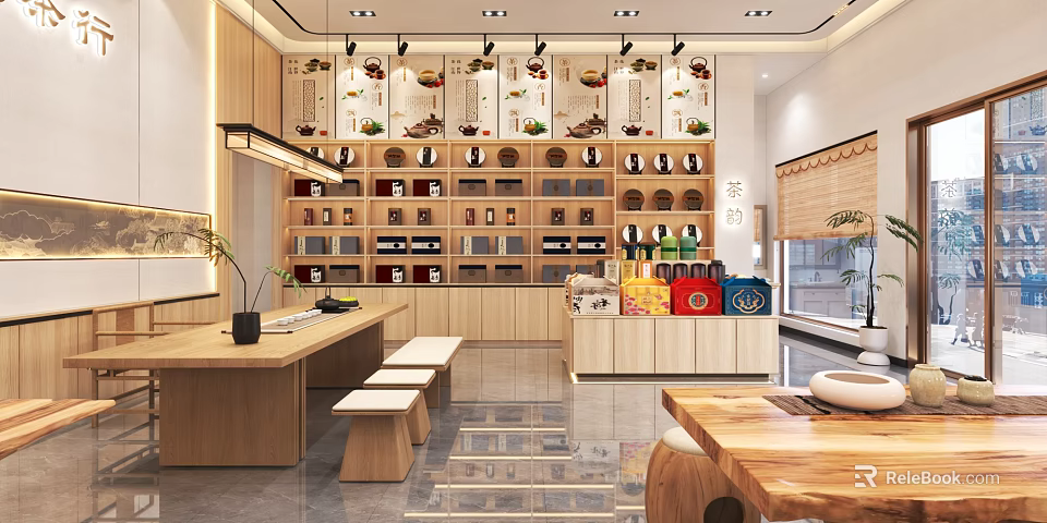 Modern Tea Shop Interior With Wooden Shelves Tea Canisters And Seating Area 3d model 