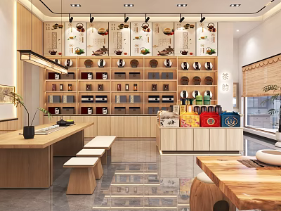 Modern Tea Shop Interior With Wooden Shelves Tea Canisters And Seating Area 3d model