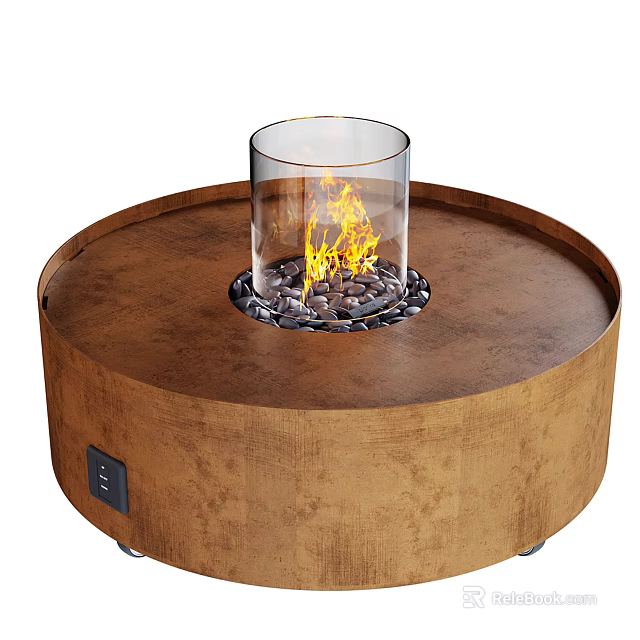 Modern Round Wooden Base Fireplace with Transparent Glass Enclosure Flames and Pebbles 3d model 