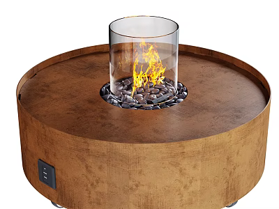 Modern Round Wooden Base Fireplace with Transparent Glass Enclosure Flames and Pebbles 3d model