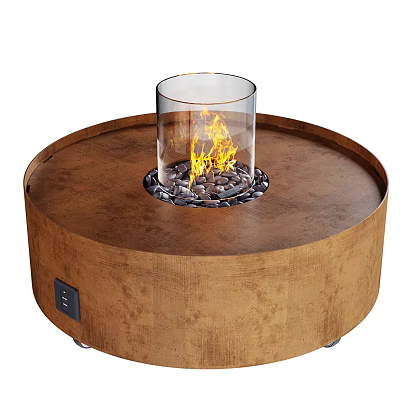 Modern Round Wooden Base Fireplace with Transparent Glass Enclosure Flames and Pebbles 3d model