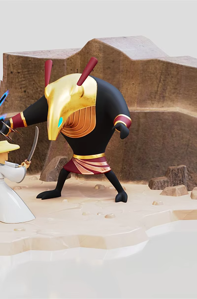 Game Movie Characters Black Gold Armored And White Robed Wielding Weapons Battle In Rocky Sand 3d model