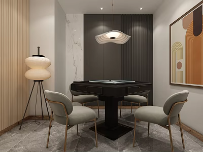 Modern Elegant Hotel Mahjong Room With Black Mahjong Table Beige Chairs And Pendant Lighting 3d model