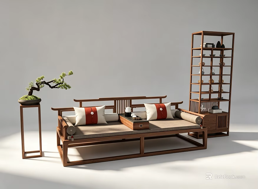 Traditional Chinese Wooden Luohan Bed with Red White Cushions Bonsai Plant and Display Shelf 3d model 