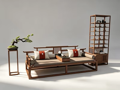 Traditional Chinese Wooden Luohan Bed with Red White Cushions Bonsai Plant and Display Shelf 3d model