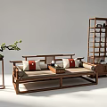Traditional Chinese Wooden Luohan Bed with Red White Cushions Bonsai Plant and Display Shelf