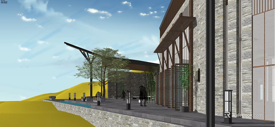 Modern Hotel Building With Stone Facade Large Glass Windows And Outdoor Terrace 3d model 