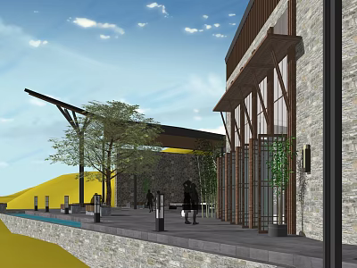 Modern Hotel Building With Stone Facade Large Glass Windows And Outdoor Terrace 3d model