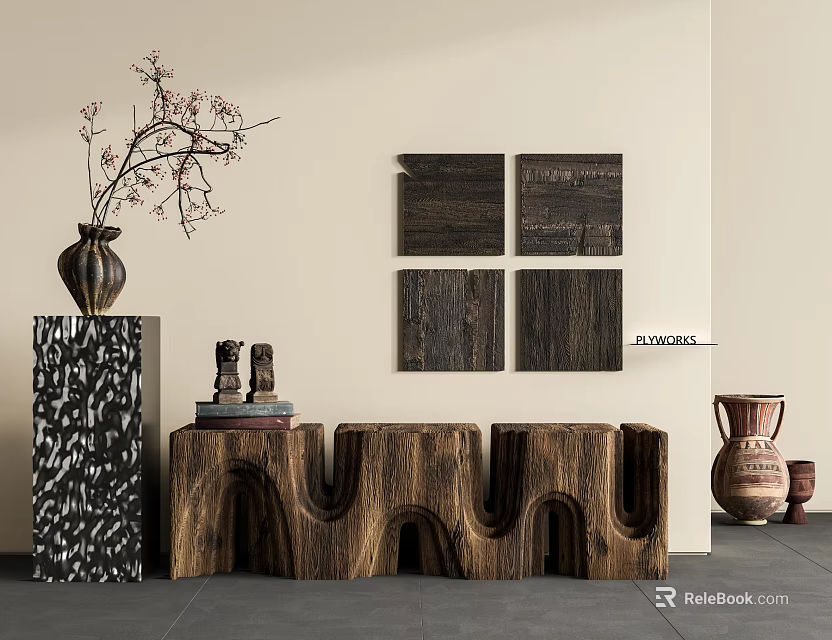 Wooden Stool With Sculptural Curves Decorative Vase And Wall Art In Modern Interior 3d model 