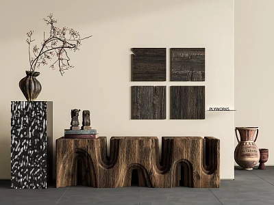 Wooden Stool With Sculptural Curves Decorative Vase And Wall Art In Modern Interior 3d model
