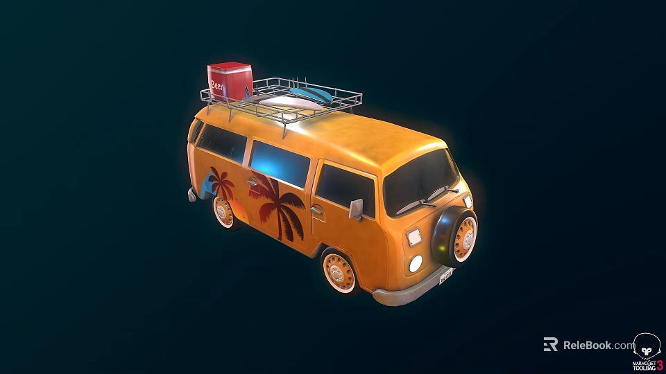 Orange Vintage Van With Roof Rack Red Box Surfboard And Palm Tree Decals 3d model 