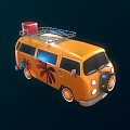 Orange Vintage Van With Roof Rack Red Box Surfboard And Palm Tree Decals