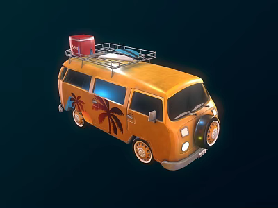 Orange Vintage Van With Roof Rack Red Box Surfboard And Palm Tree Decals 3d model