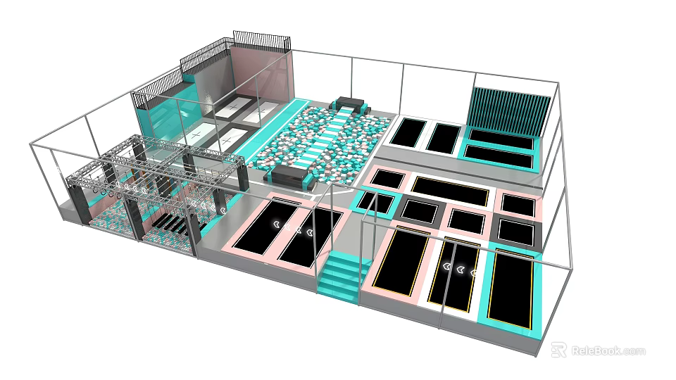 Indoor Play Equipment Trampoline Park With Multiple Areas Safety Enclosures And Colorful Design 3d model 
