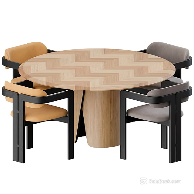 Round Dining Table Set With Herringbone Tabletop Two Orange Two Gray Padded Chairs Black Frames 3d model