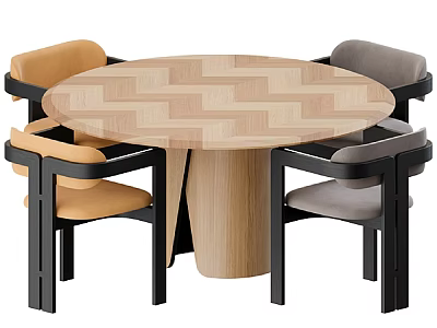 Round Dining Table Set With Herringbone Tabletop Two Orange Two Gray Padded Chairs Black Frames 3d model