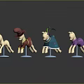 Four Wooden Horse Dolls With Different Costumes On Blue Bases And Reflections