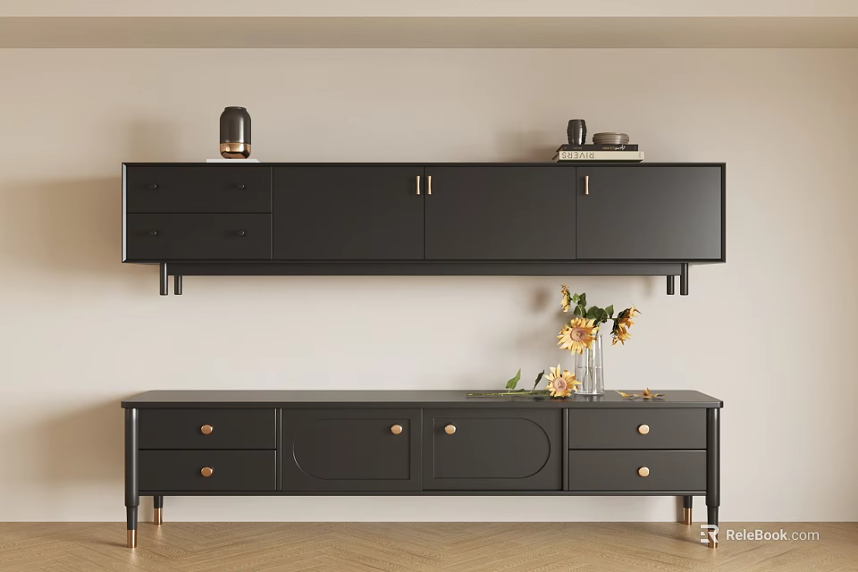 Black Wall Mounted And Floor Standing TV Cabinet With Drawers Decorative Vase And Flowers 3d model 