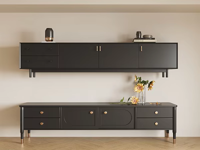 Black Wall Mounted And Floor Standing TV Cabinet With Drawers Decorative Vase And Flowers 3d model