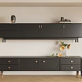 Black Wall Mounted And Floor Standing TV Cabinet With Drawers Decorative Vase And Flowers