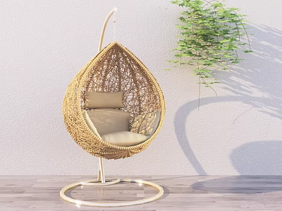 Rattan Teardrop Shaped Hanging Chair With Beige Cushions And Green Plant 3d model