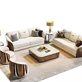 Modern Sofa Coffee Table Set with Beige Upholstery Side Tables Lamps and Throw Pillows