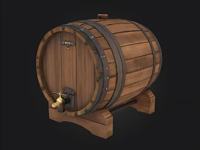 Vintage Rustic Wooden Barrel With Metal Hoops And Brass Spigot 3d model