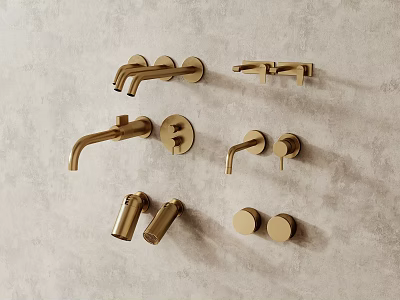 Gold Wall Mounted Faucets In Various Designs Showcased On Grey Wall 3d model