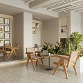 Modern Café Interior With Wooden Tables Green Plants And Coffee Display Shelves