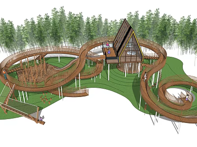 Wooden Children's Playground With Spiral Slides Cabin Green Lawn And Trees 3d model