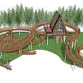 Wooden Children's Playground With Spiral Slides Cabin Green Lawn And Trees