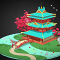Traditional Chinese Tower With Green Roof Red Columns Cherry Blossom Trees And Stone Bridge