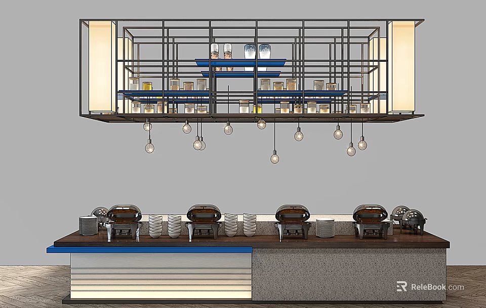 Modern Hanging Display Shelves With Metal Frame And Pendant Lights Above Counter Seats 3d model 