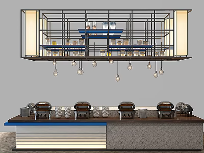 Modern Hanging Display Shelves With Metal Frame And Pendant Lights Above Counter Seats 3d model