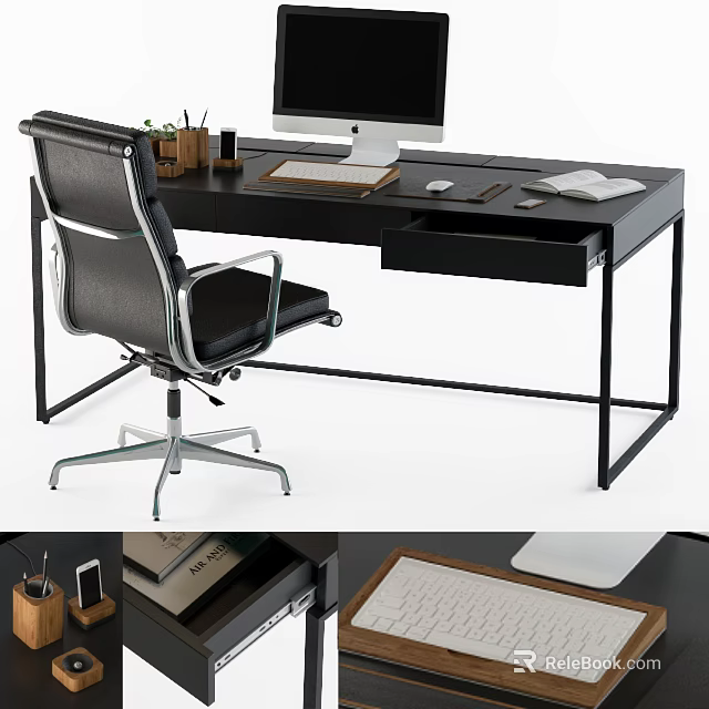Modern Office Desk With Computer Monitor Keyboard Mouse Notebook And Pen Holder 3d model 
