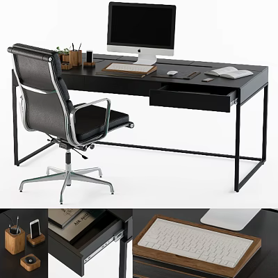 Modern Office Desk With Computer Monitor Keyboard Mouse Notebook And Pen Holder 3d model