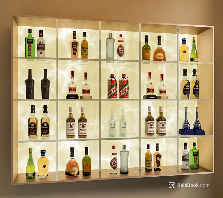 Illuminated Display Cabinet With Glass Shelves And Various Wine Bottles Collection 3d model 
