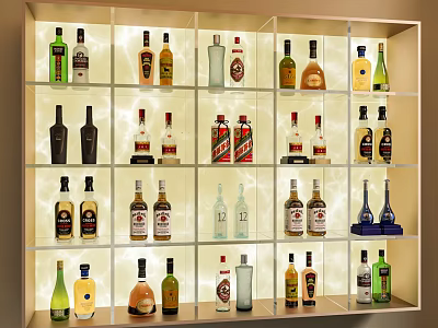 Illuminated Display Cabinet With Glass Shelves And Various Wine Bottles Collection 3d model