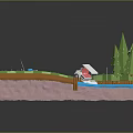 Cartoon Scene With Green Grass Pine Trees Blue Water And Layered Land