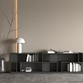 Modern Dark Entryway Cabinet Sideboard With Shelves Books Vase And Table Lamp