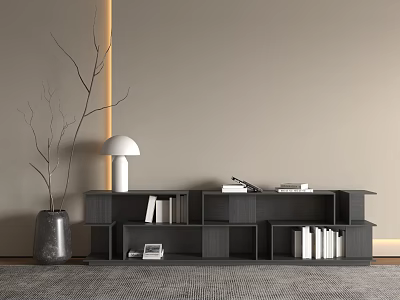 Modern Dark Entryway Cabinet Sideboard With Shelves Books Vase And Table Lamp 3d model