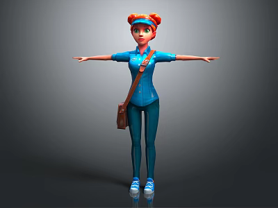 3D Female Character With Red Hair Pigtails Blue Uniform Brown Bag Arms Outstretched Gray Background 3d model