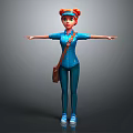 3D Female Character With Red Hair Pigtails Blue Uniform Brown Bag Arms Outstretched Gray Background