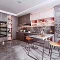 Modern Kitchen Interior With Dark Cabinets Marble Island Wine Rack And Lighting