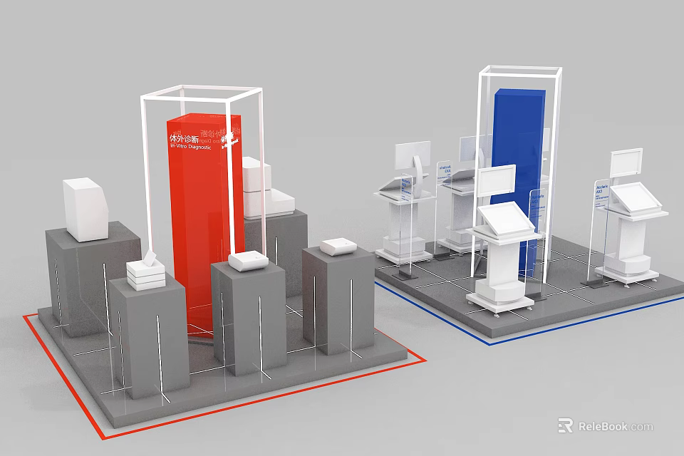 Modern Showcase Shelves With Transparent Frames Red Blue Elements And Multi-tiered Display Design 3d model