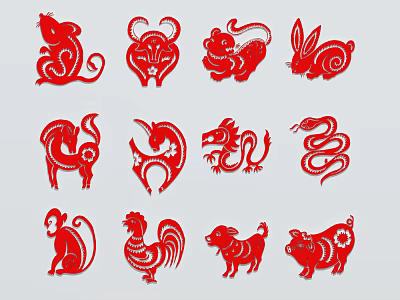 Chinese paper-cut twelve zodiac paper-cut elements 3d model