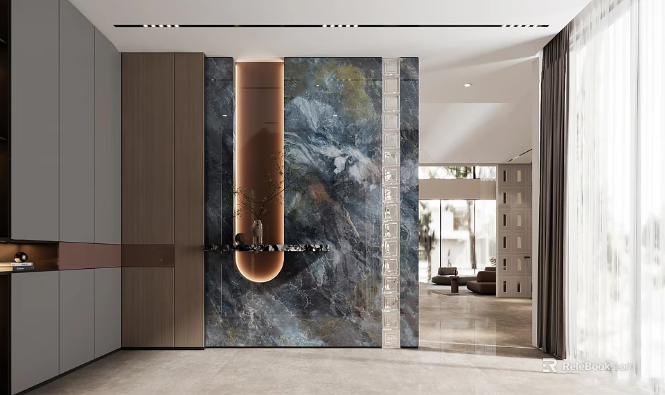 Modern Foyer Hallway Design With Marble Feature Wall Recessed Lighting And Decorative Ornaments 3d model 