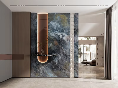 Modern Foyer Hallway Design With Marble Feature Wall Recessed Lighting And Decorative Ornaments 3d model