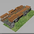 Traditional Wooden Buildings With Orange Roofs Green Grass And Rock Landscaping
